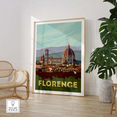 Florence vintage poster art print featuring iconic landmarks of Florence, Italy, framed in a stylish interior setting.