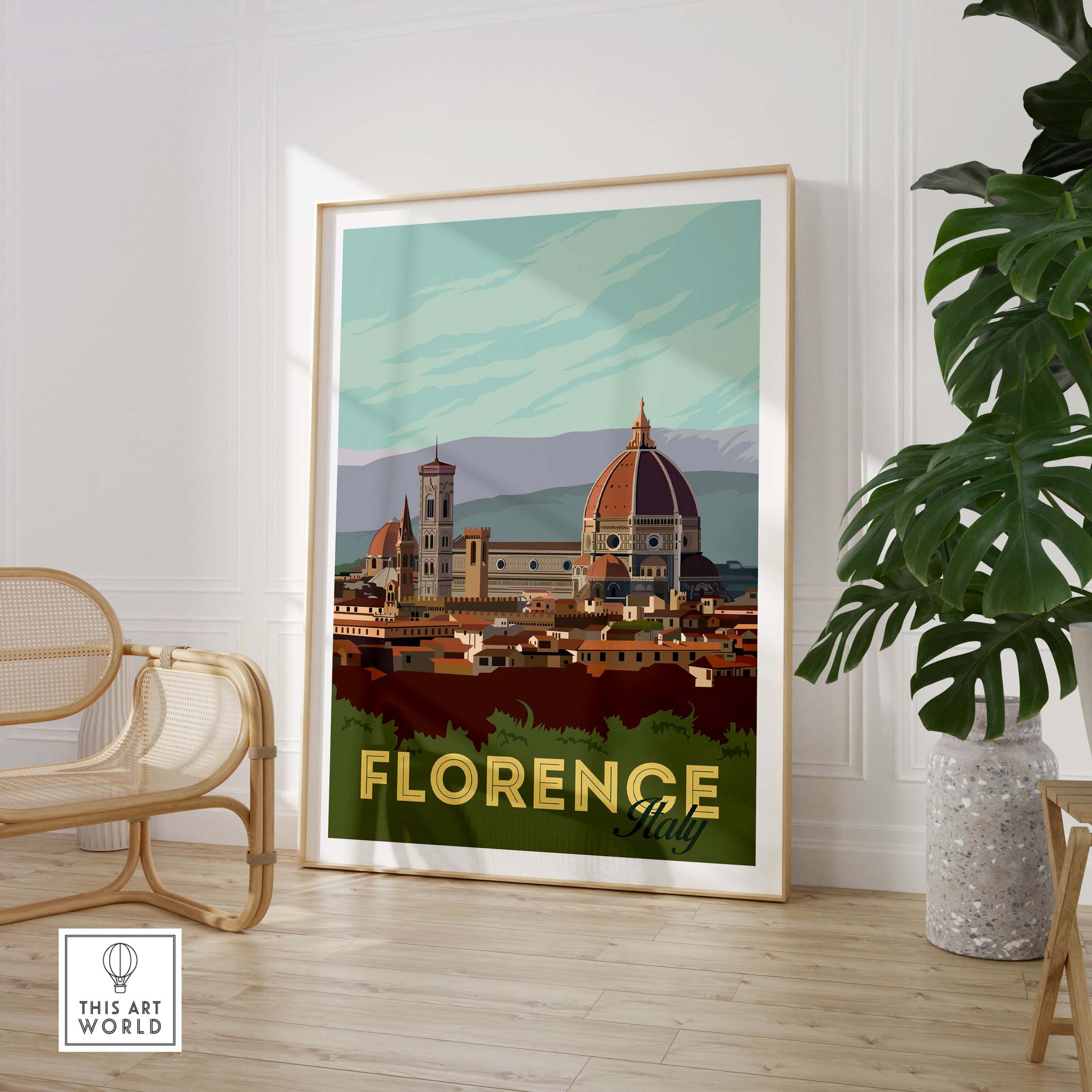Florence vintage poster art print featuring iconic landmarks of Florence, Italy, framed in a stylish interior setting.