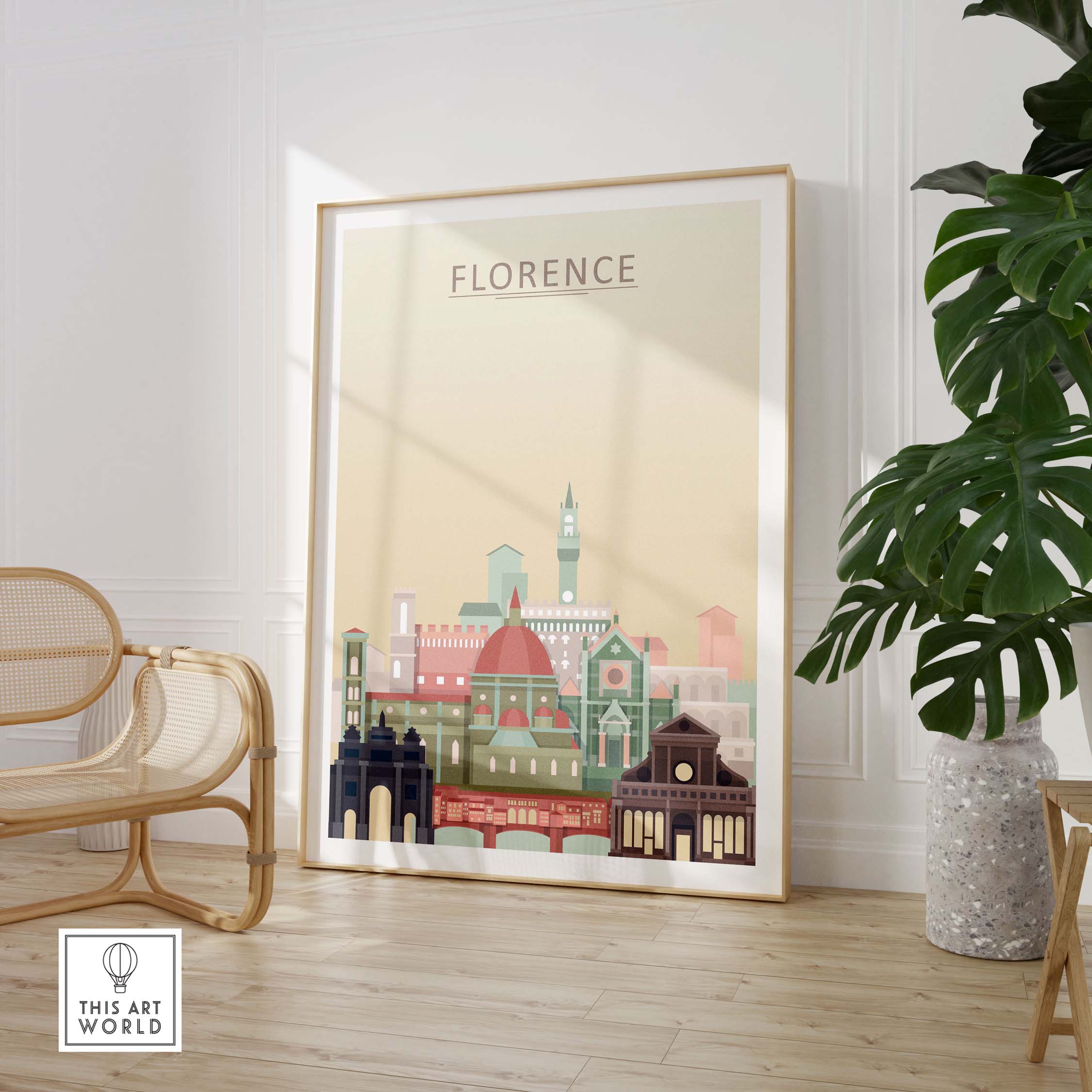 Florence Skyline Print showcasing iconic architecture in pastel colors, perfect for home or office decor.