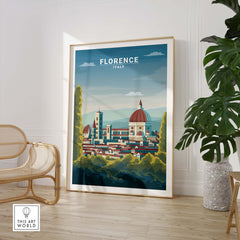Florence Wall Art Print showcasing Italy's skyline in a vintage style, framed in a minimalist interior setting.