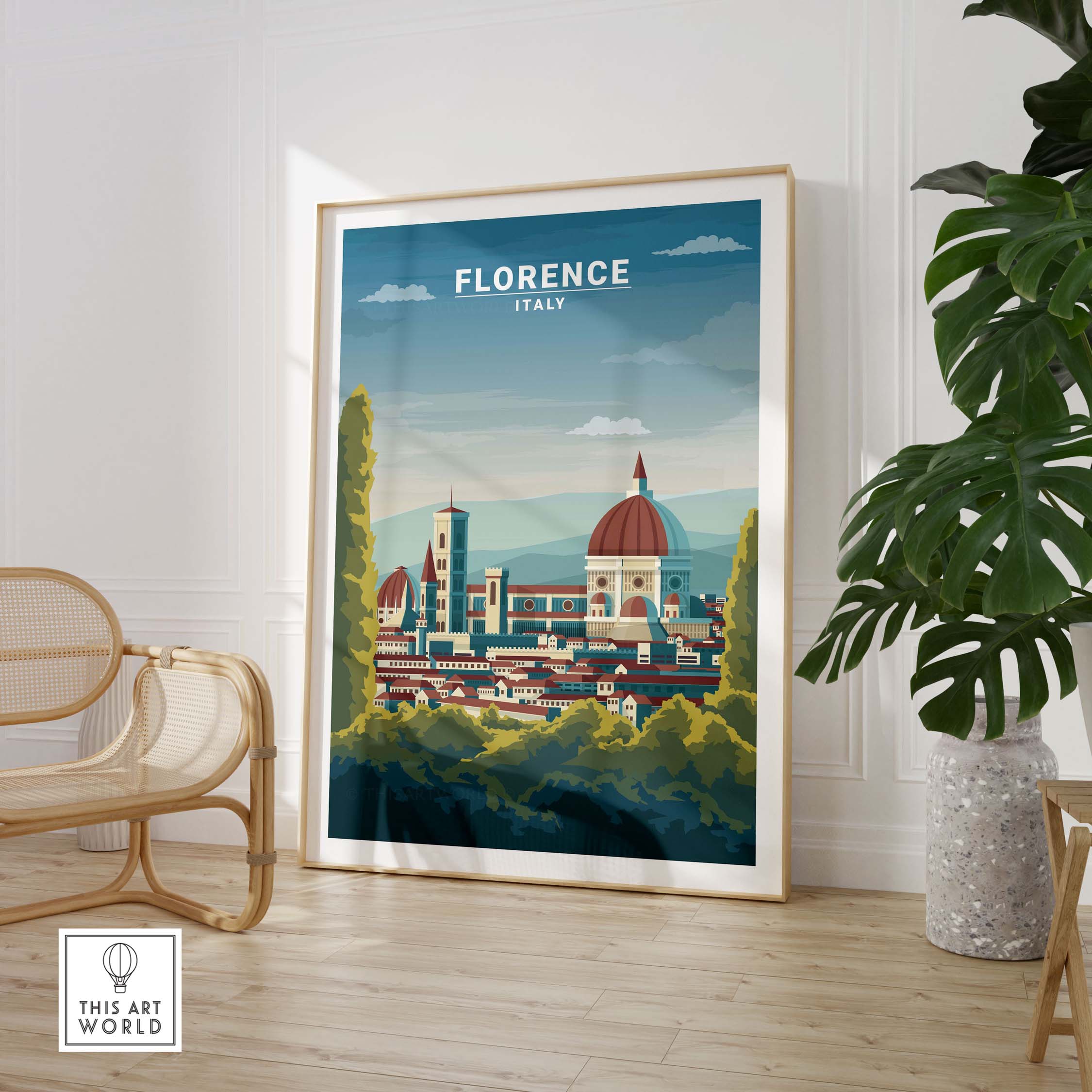 Florence Wall Art Print showcasing Italy's skyline in a vintage style, framed in a minimalist interior setting.