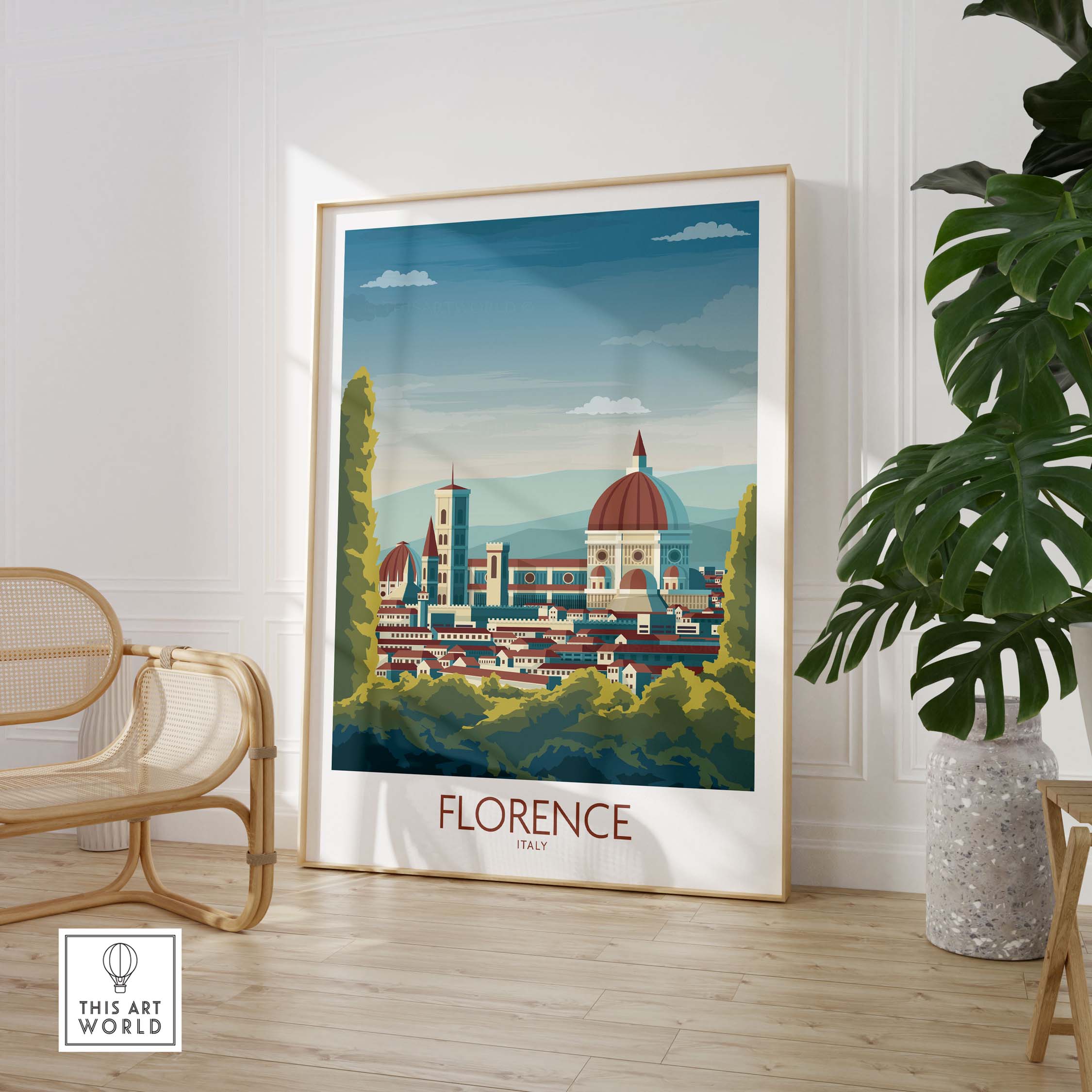 Florence Italy art print in a modern frame showcasing the cityscape with iconic landmarks, perfect for home decor.