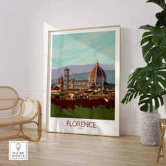 Florence Print Italy Travel Poster showcasing the city's iconic architecture and nostalgic design in a stylish interior setting.
