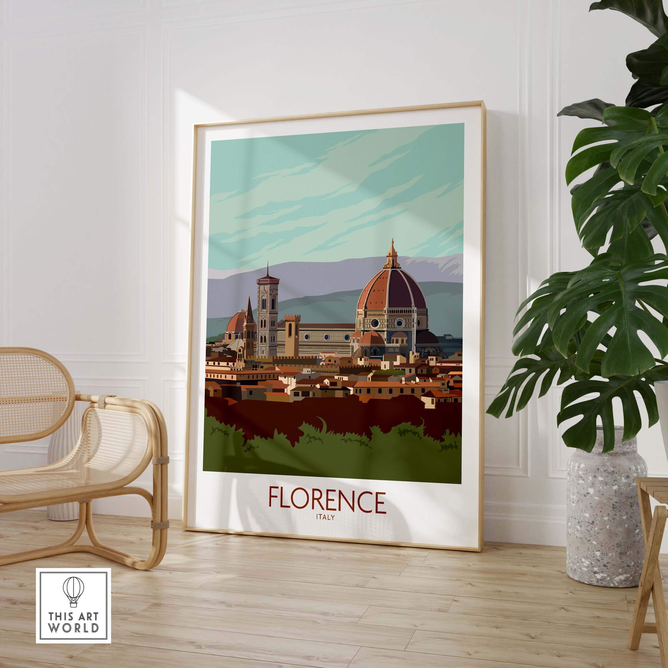 Florence Print Italy Travel Poster showcasing the city's iconic architecture and nostalgic design in a stylish interior setting.