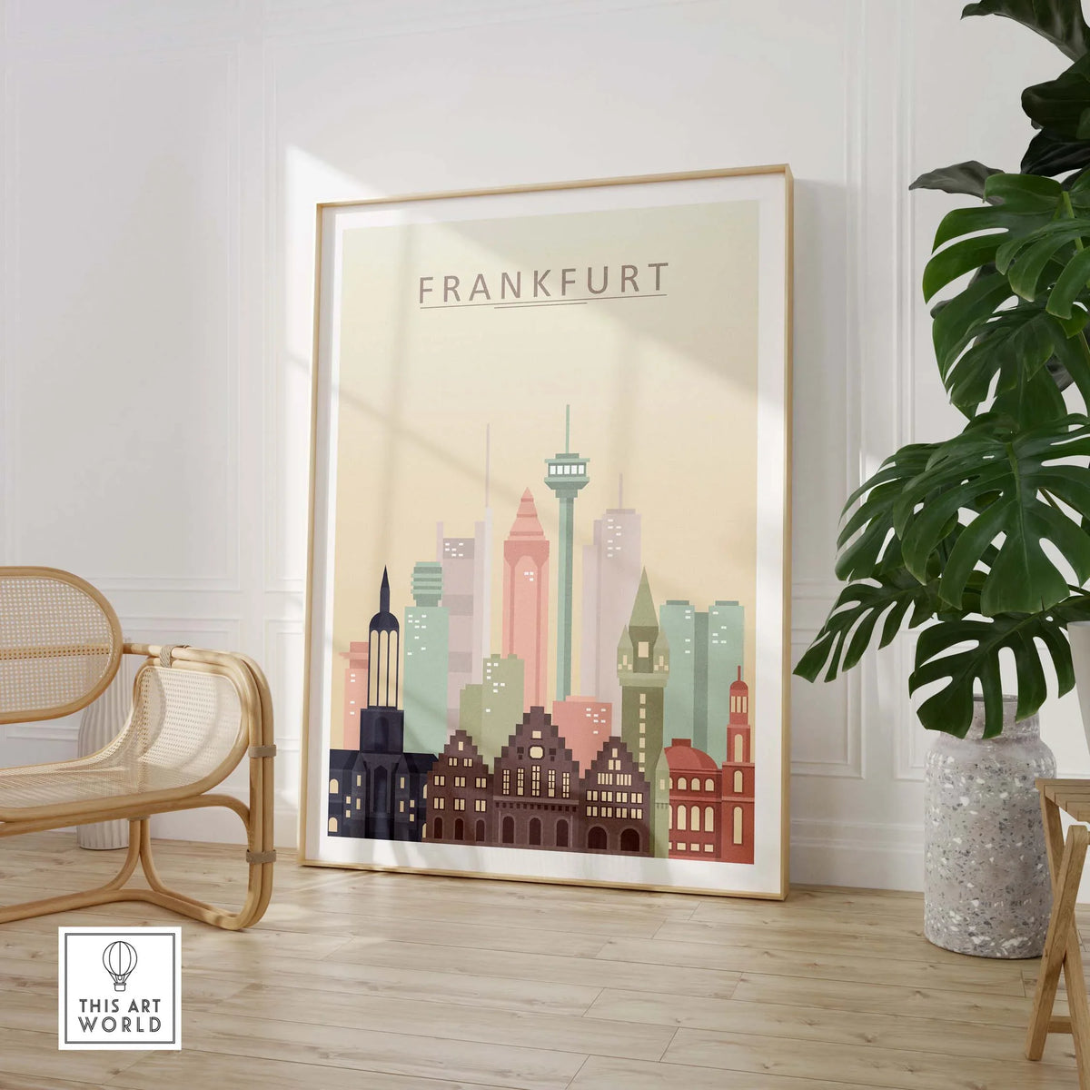 Frankfurt skyline print wall art featuring iconic buildings in warm pastel tones, perfect for home decor.