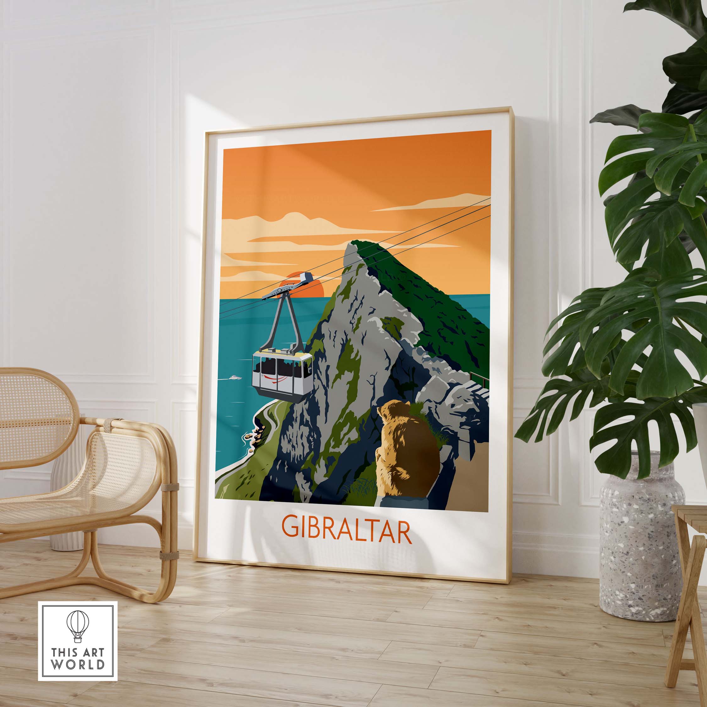 Gibraltar travel poster art print featuring a scenic view with a cable car over the sea and mountains, stylish wall decor.