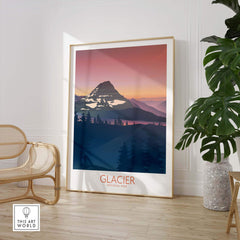 Minimalist Glacier National Park art print in a stylish frame, showcasing vibrant colors and mountain scenery.