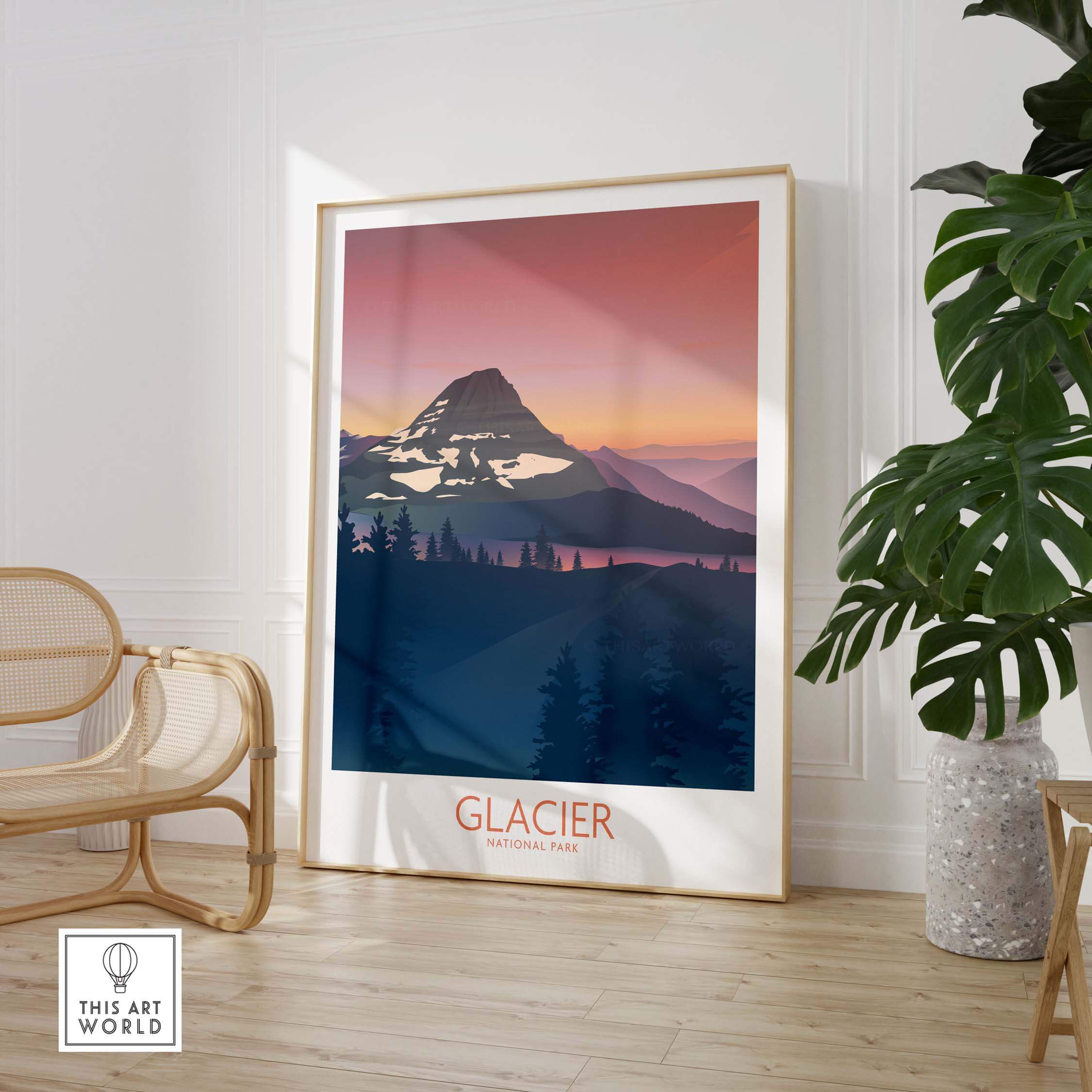 Minimalist Glacier National Park art print in a stylish frame, showcasing vibrant colors and mountain scenery.