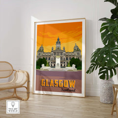 Glasgow Poster Print Scotland showcasing vintage art of city architecture in vibrant colors, framed and styled for home decor.