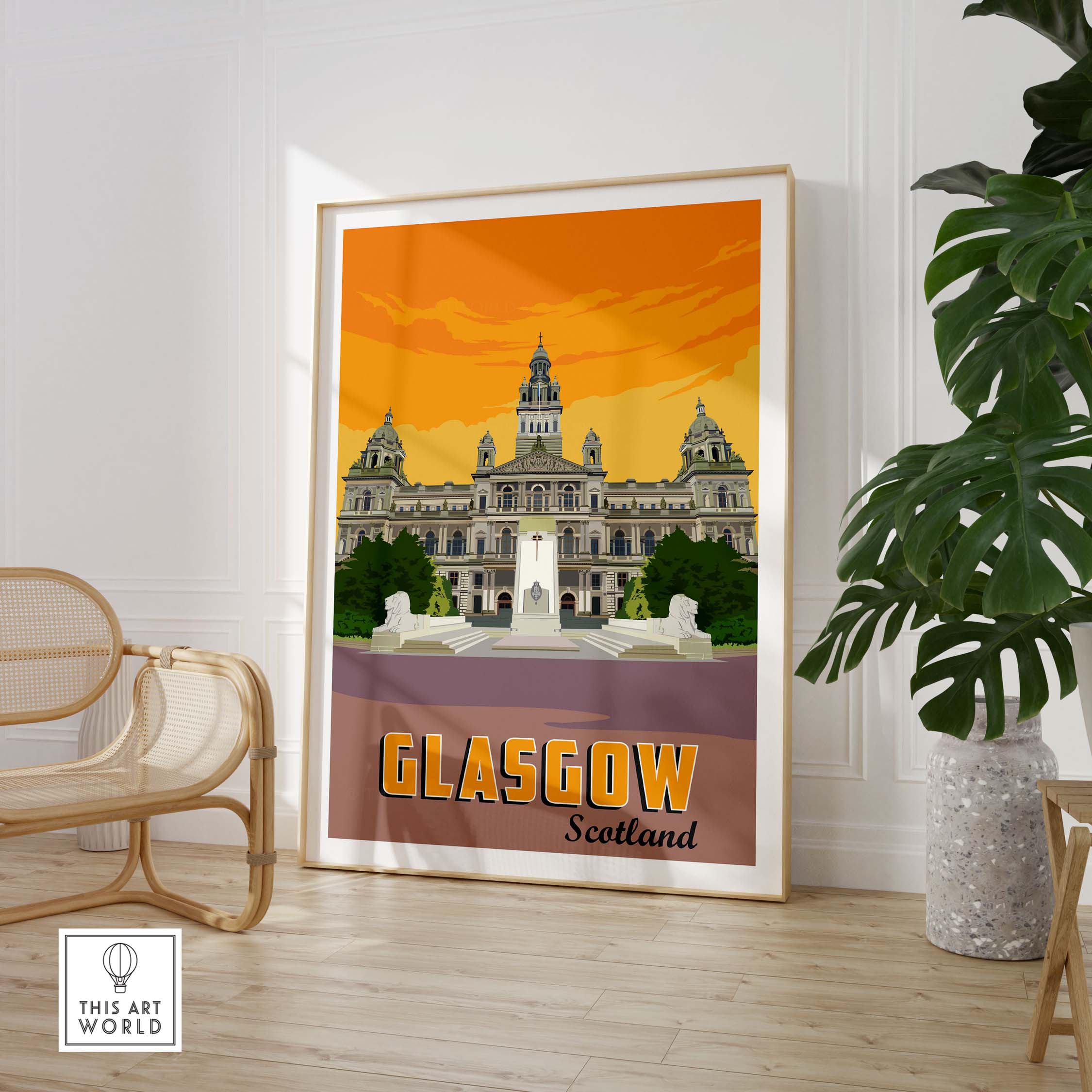 Glasgow Poster Print Scotland showcasing vintage art of city architecture in vibrant colors, framed and styled for home decor.