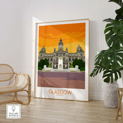 Glasgow travel poster art print featuring city hall, vibrant orange design, perfect for home or office decor.