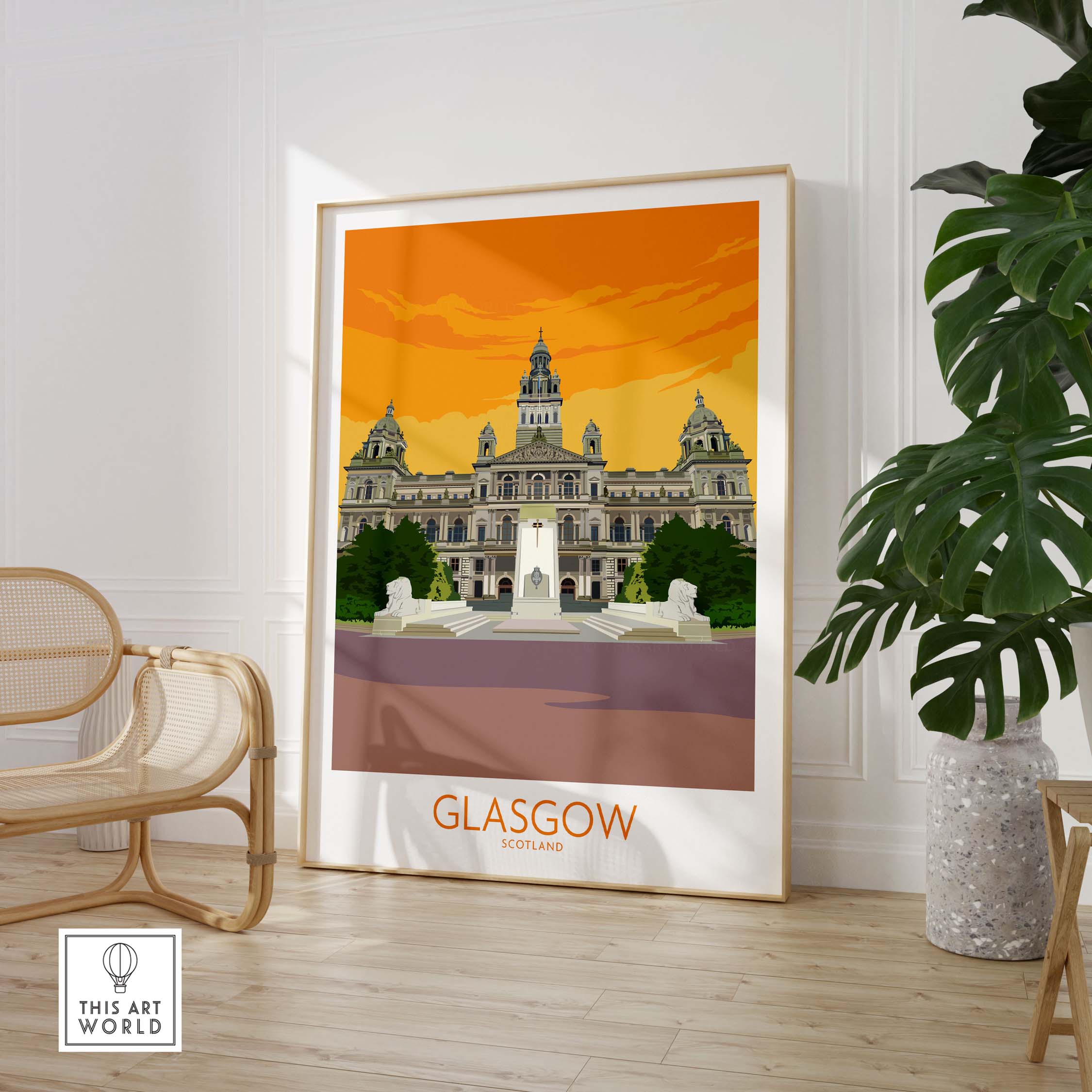 Glasgow travel poster art print featuring city hall, vibrant orange design, perfect for home or office decor.