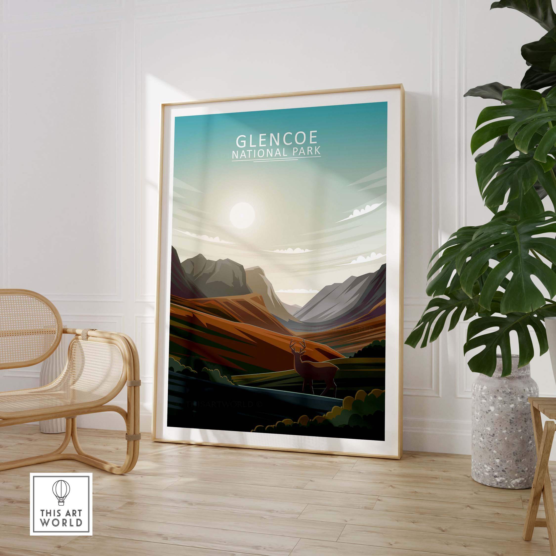 Glencoe National Park print showcasing stunning mountain landscape and serene atmosphere in a modern home setting.