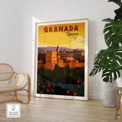 Granada Wall Art Print featuring vintage design of Spain with mountains and flowers, perfect for home or office decor.