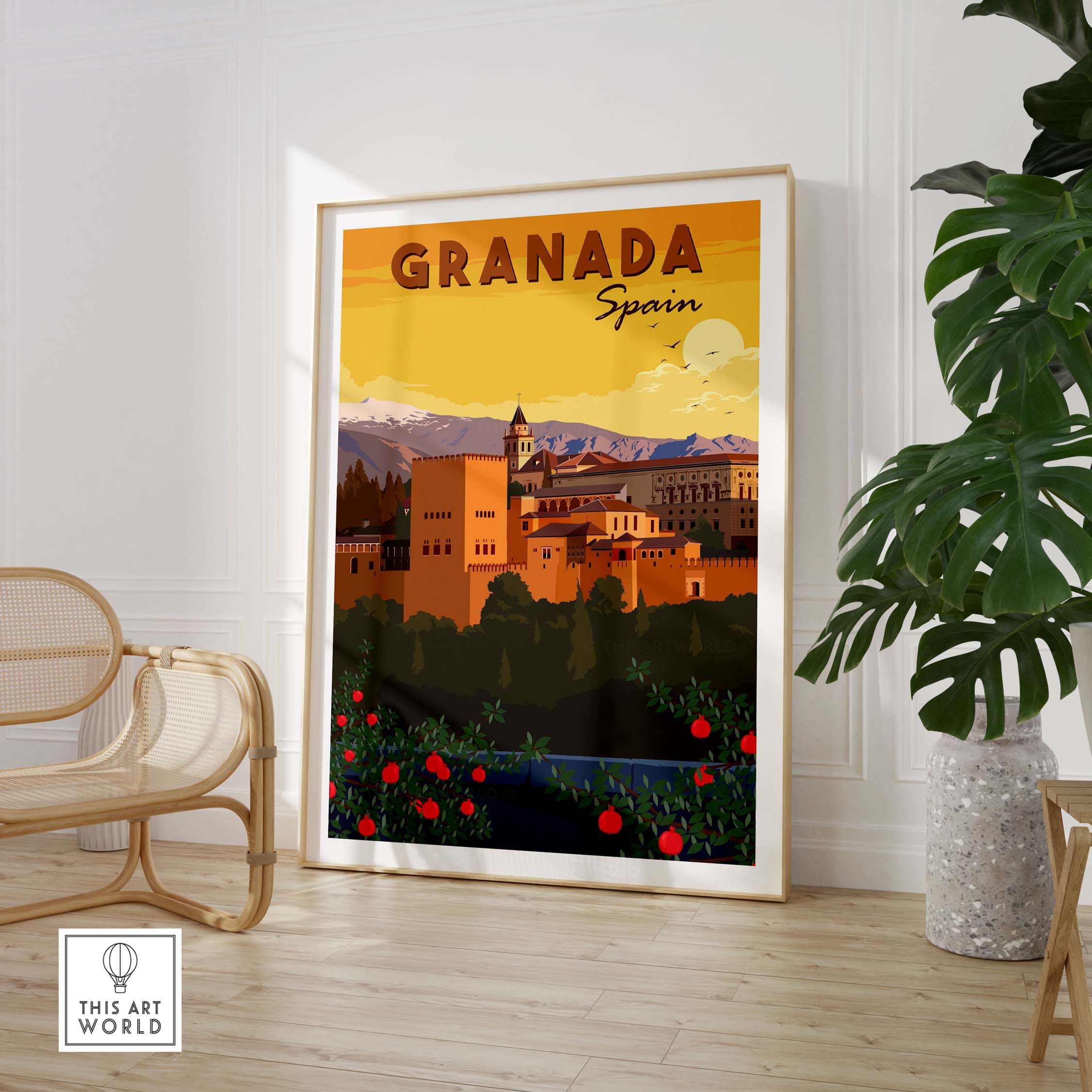 Granada Wall Art Print featuring vintage design of Spain with mountains and flowers, perfect for home or office decor.