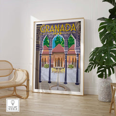 Granada Poster Spain Print showcasing vintage travel art in a stylish interior setting with greenery.