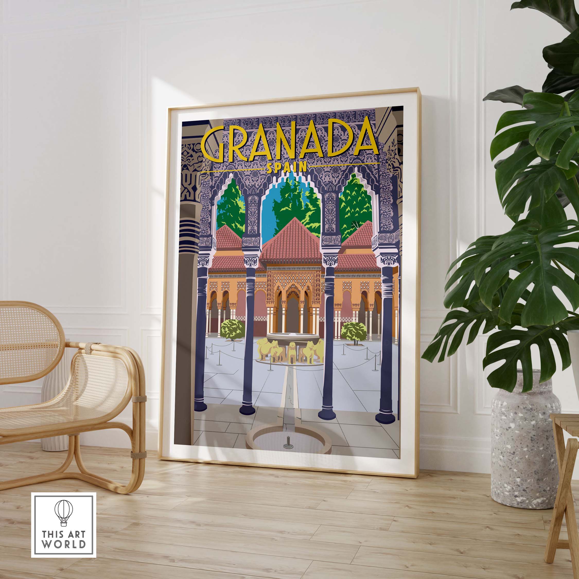 Granada Poster Spain Print showcasing vintage travel art in a stylish interior setting with greenery.