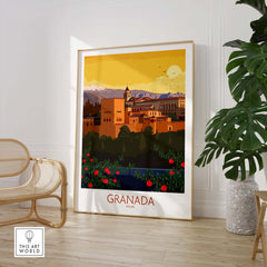 Granada Poster Print featuring vintage style artwork of Granada, Spain in a minimalist design with vibrant colors.
