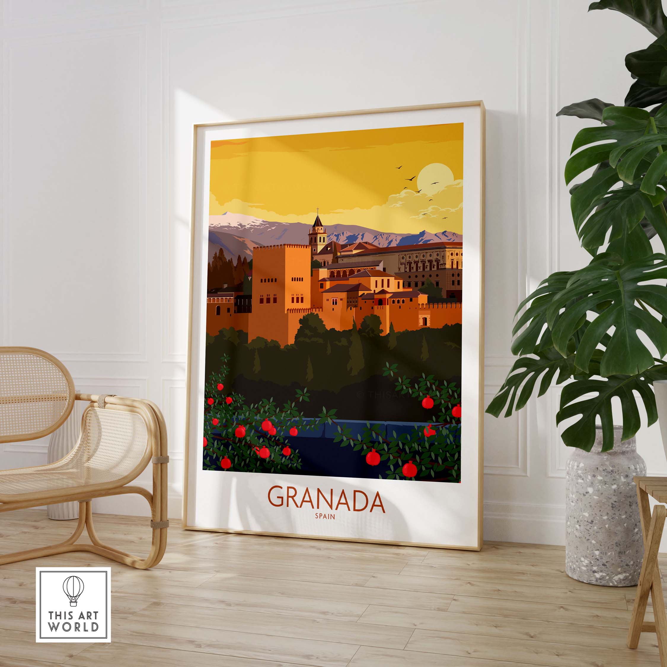 Granada Poster Print featuring vintage style artwork of Granada, Spain in a minimalist design with vibrant colors.