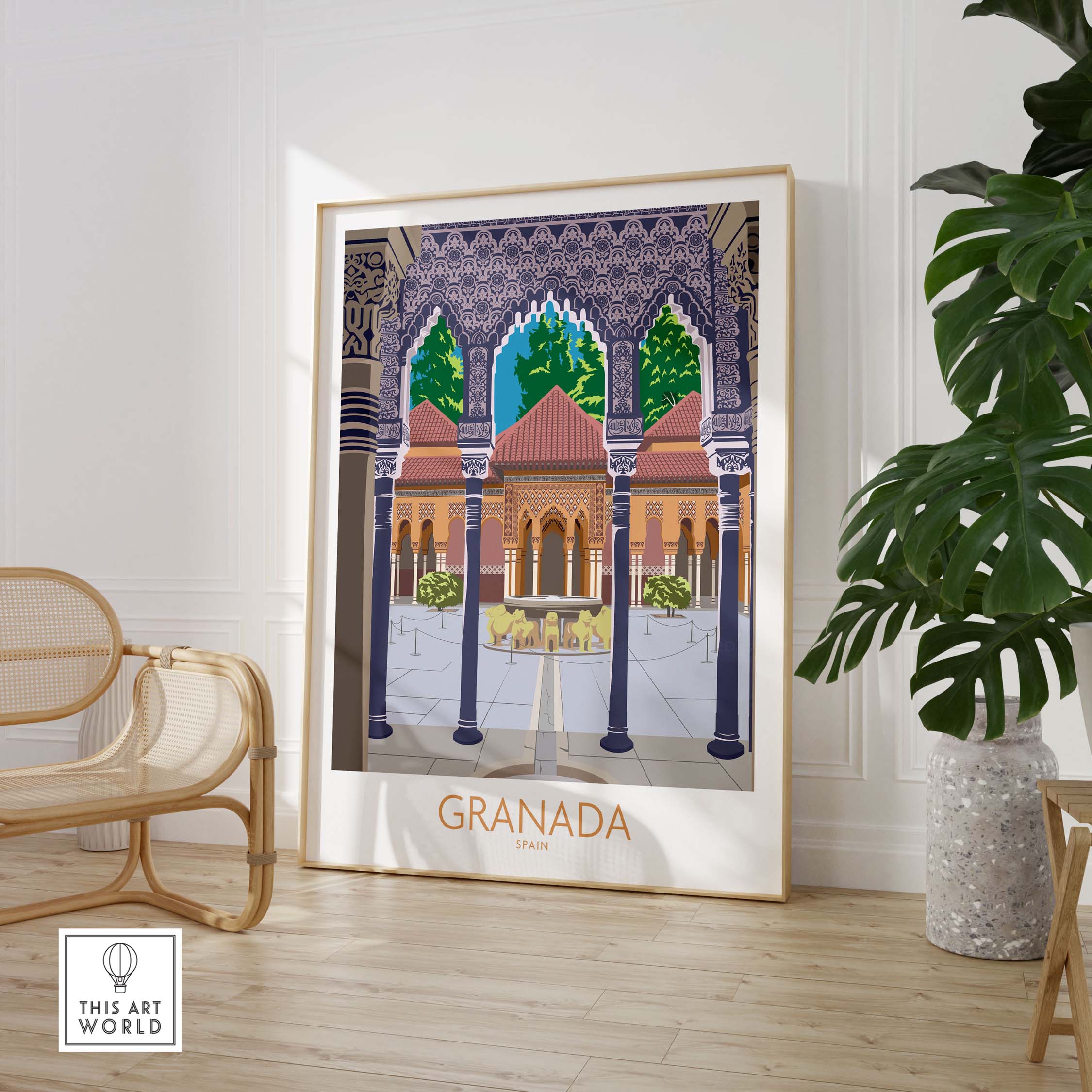 Framed poster print featuring the Alhambra in Granada, Spain with vibrant colors and intricate architecture.