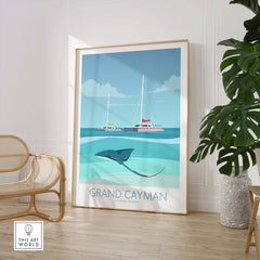 Grand Cayman Art Print Poster featuring boats and a stingray, perfect for travel-themed home decor.