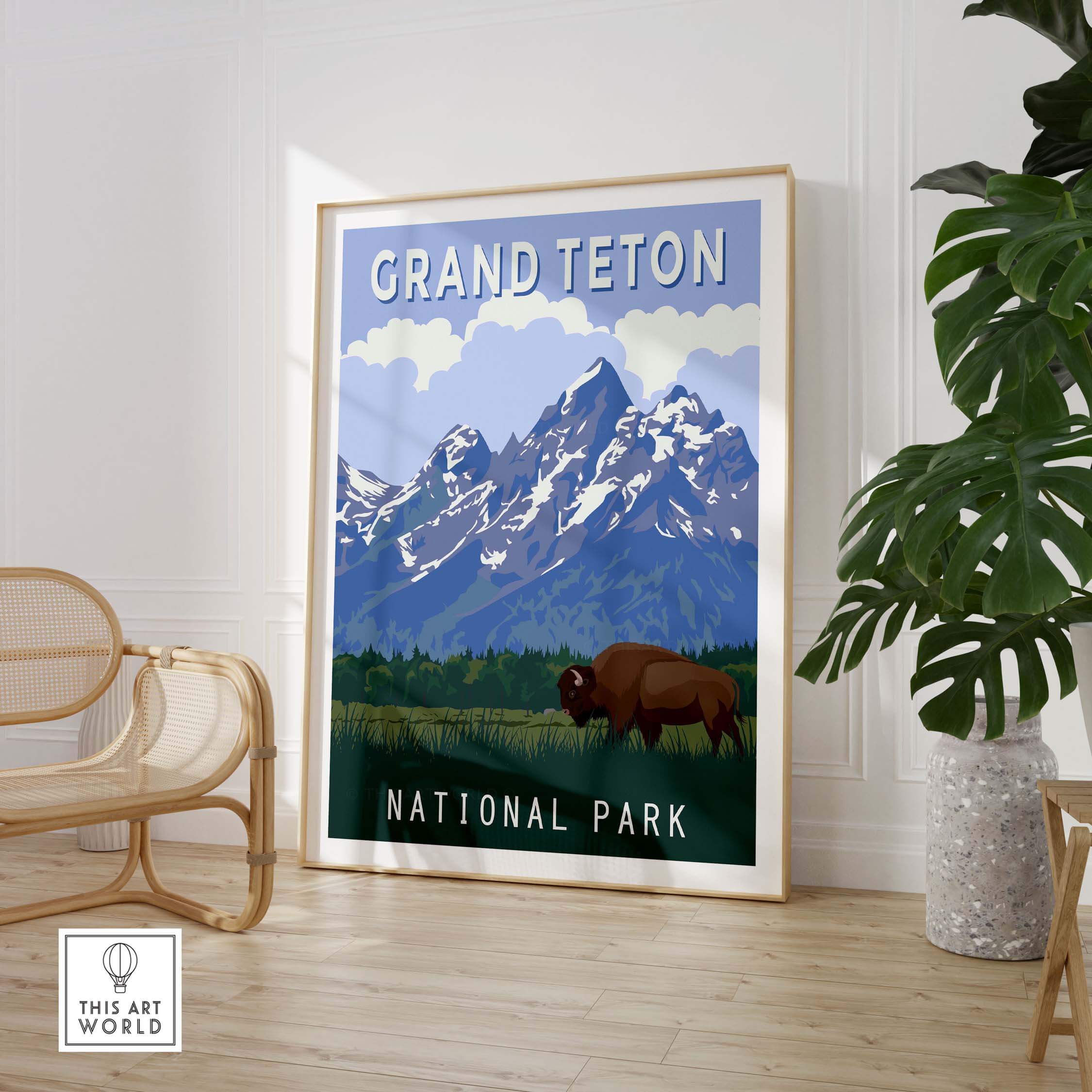 Framed Grand Teton National Park print featuring mountains and a bison, ideal for home decor and travel enthusiasts.