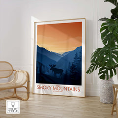 Smoky Mountains National Park art print featuring a moose silhouette and minimalist landscape design.