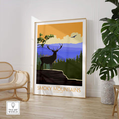 Vintage Great Smoky Mountains poster featuring a deer silhouette, ideal for nature lovers and home decor.