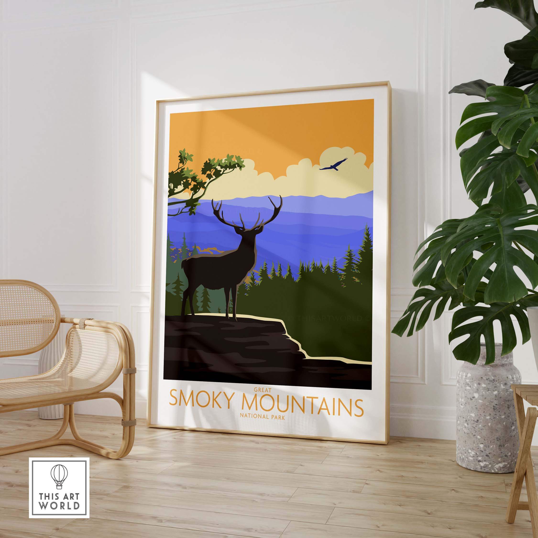 Vintage Great Smoky Mountains poster featuring a deer silhouette, ideal for nature lovers and home decor.