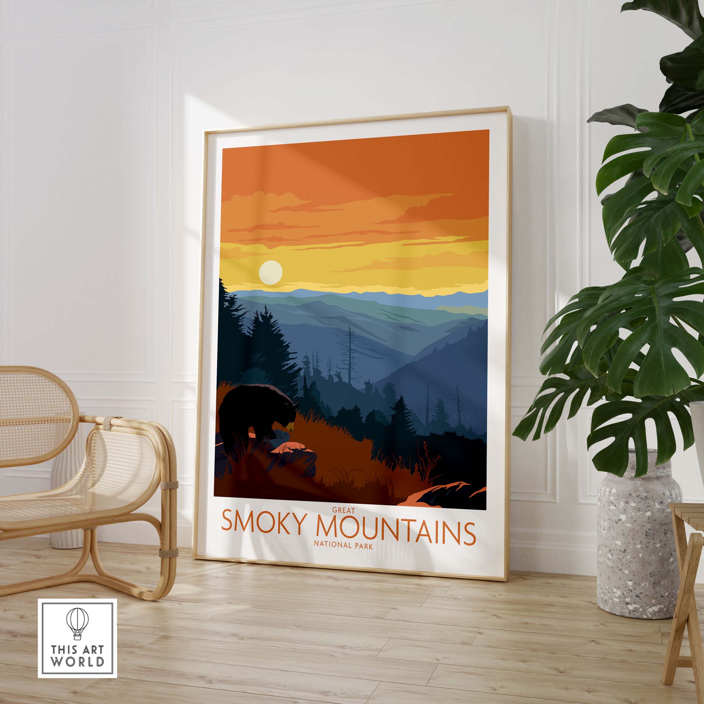 Smoky Mountains Poster Print featuring sunset view and bear, perfect for home or office decor.