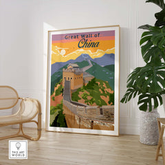 Great Wall of China poster print in a stylish interior, showcasing vintage travel art for home decor.
