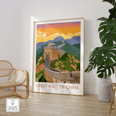 Great Wall of China print showcasing vibrant colors and vintage travel poster style in a stylish home setting.