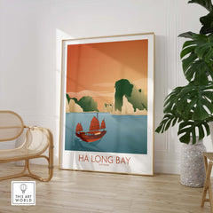 Ha Long Bay Vietnam print showcasing vintage travel art featuring a boat and lush landscapes.