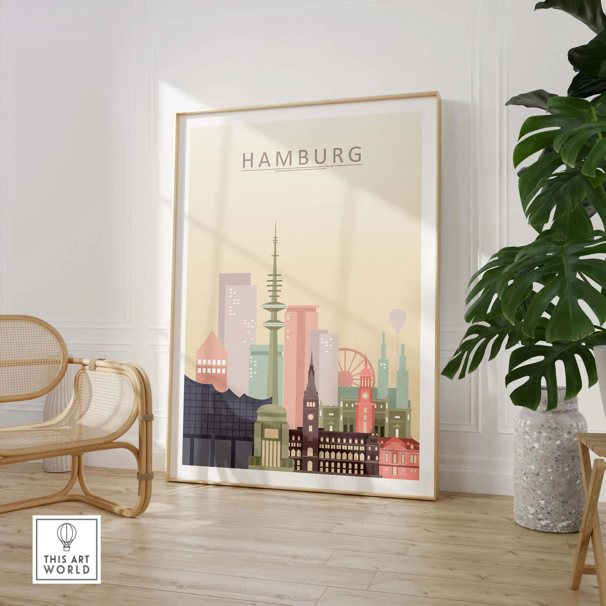 Hamburg city skyline wall art print featuring iconic architecture in warm pastel tones.