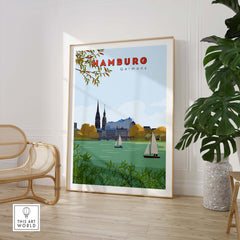 Hamburg vintage poster print showcasing sailing boats and city skyline, perfect for home or office wall art.