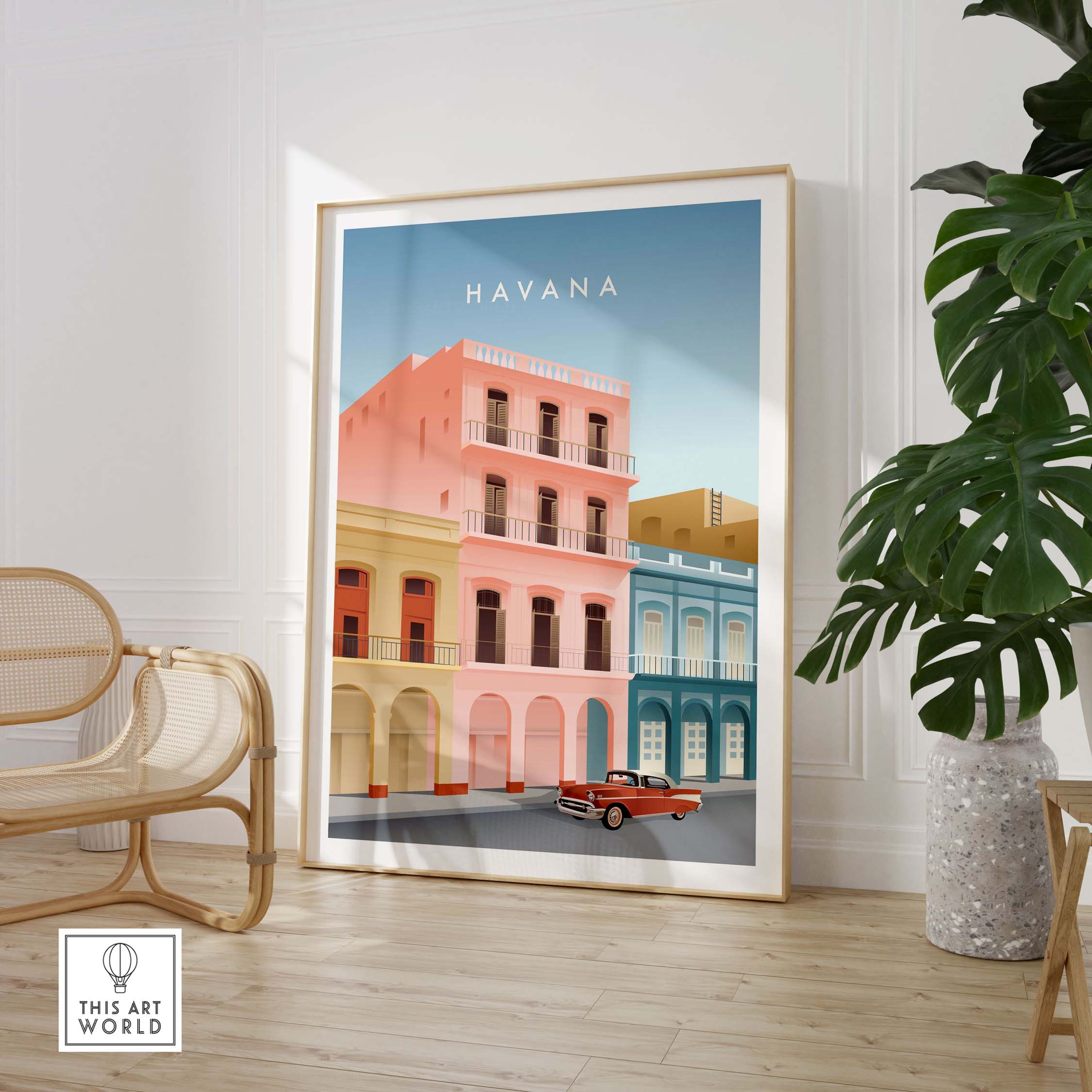 Havana Wall Art Poster showcasing colorful vintage buildings and classic car, ideal for home or office decor.