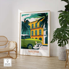 Havana Cuba poster print featuring vintage car and colorful architecture, perfect for stylish home decor.