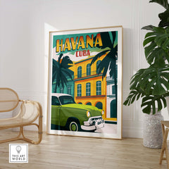 Havana Print Cuba Poster featuring vintage car and tropical foliage in stylish interior setting.