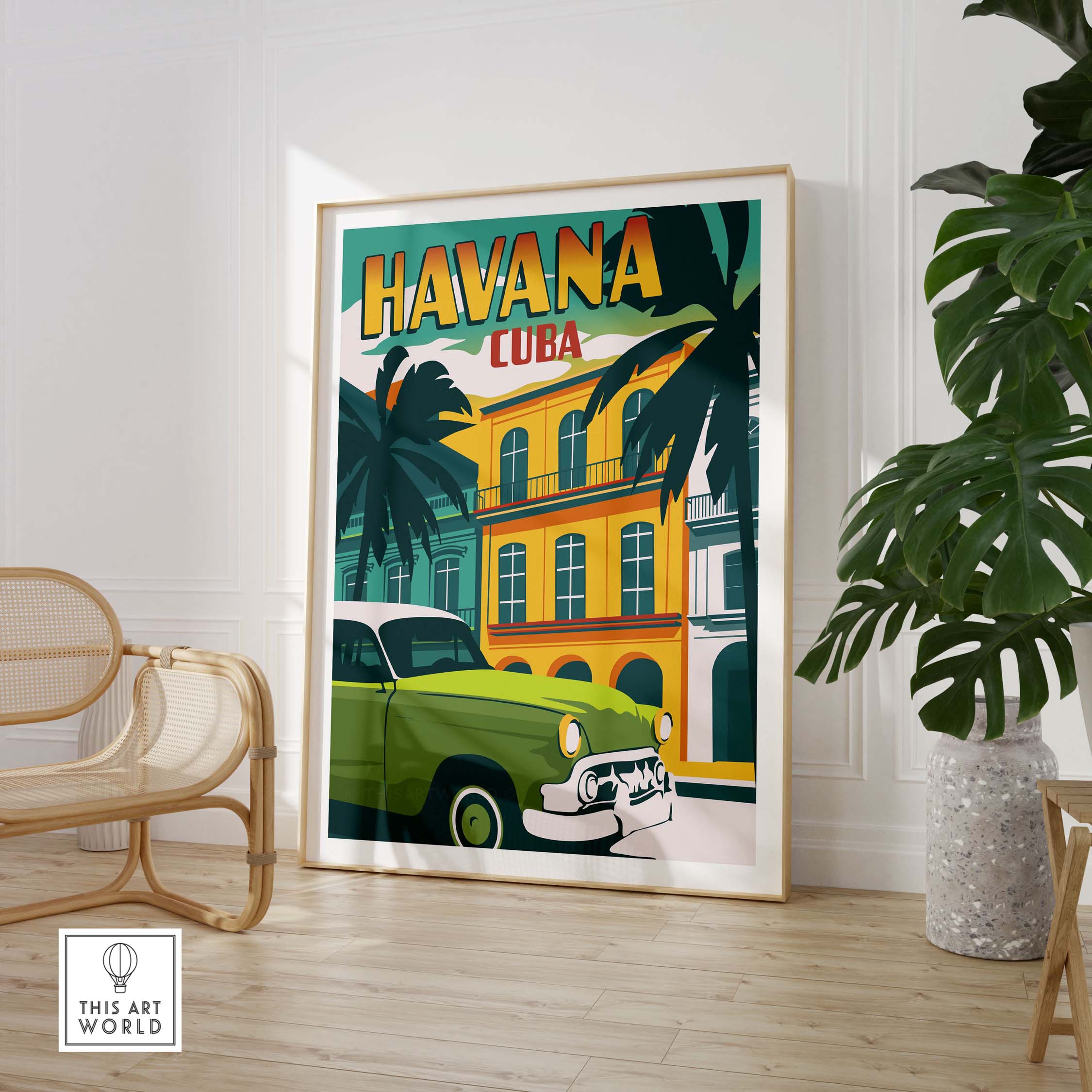 Havana Print Cuba Poster featuring vintage car and tropical foliage in stylish interior setting.