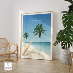 Hawaii wall art poster featuring palm trees and a beach scene, perfect for home or office decor.