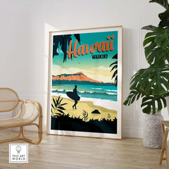 Hawaii Waikiki vintage travel poster print showcasing surf culture and tropical scenery for stylish home decor.