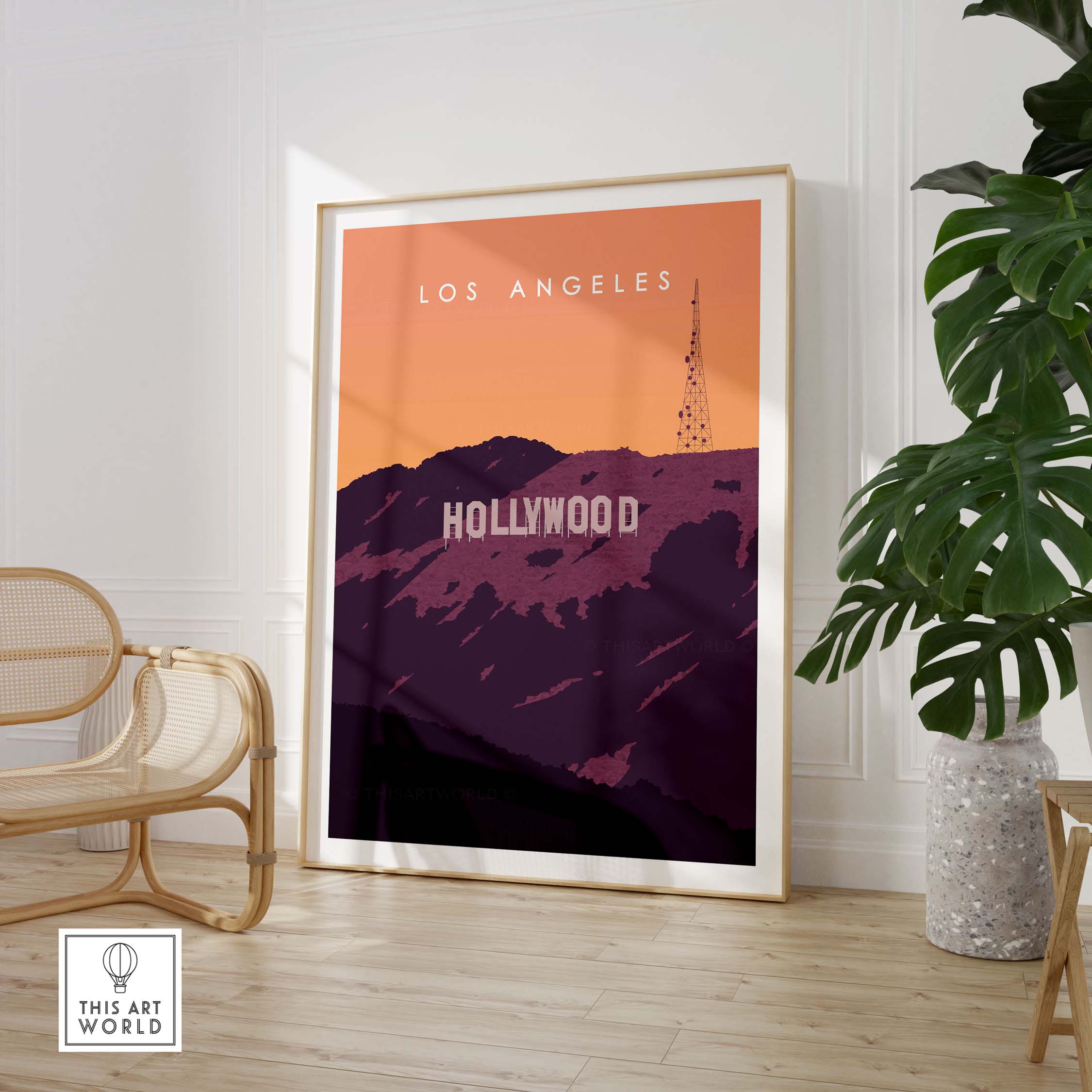 Hollywood Sign Print Wall Art Poster showcasing Los Angeles in a stylish interior setting.