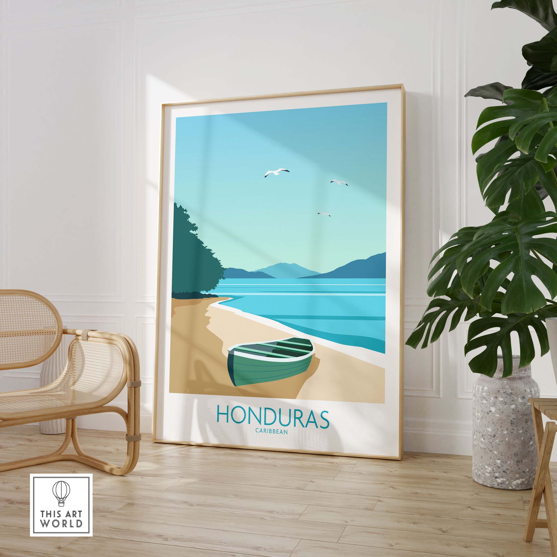 Honduras Caribbean poster print showcasing a serene beach and boat, perfect for travel lovers' wall art.