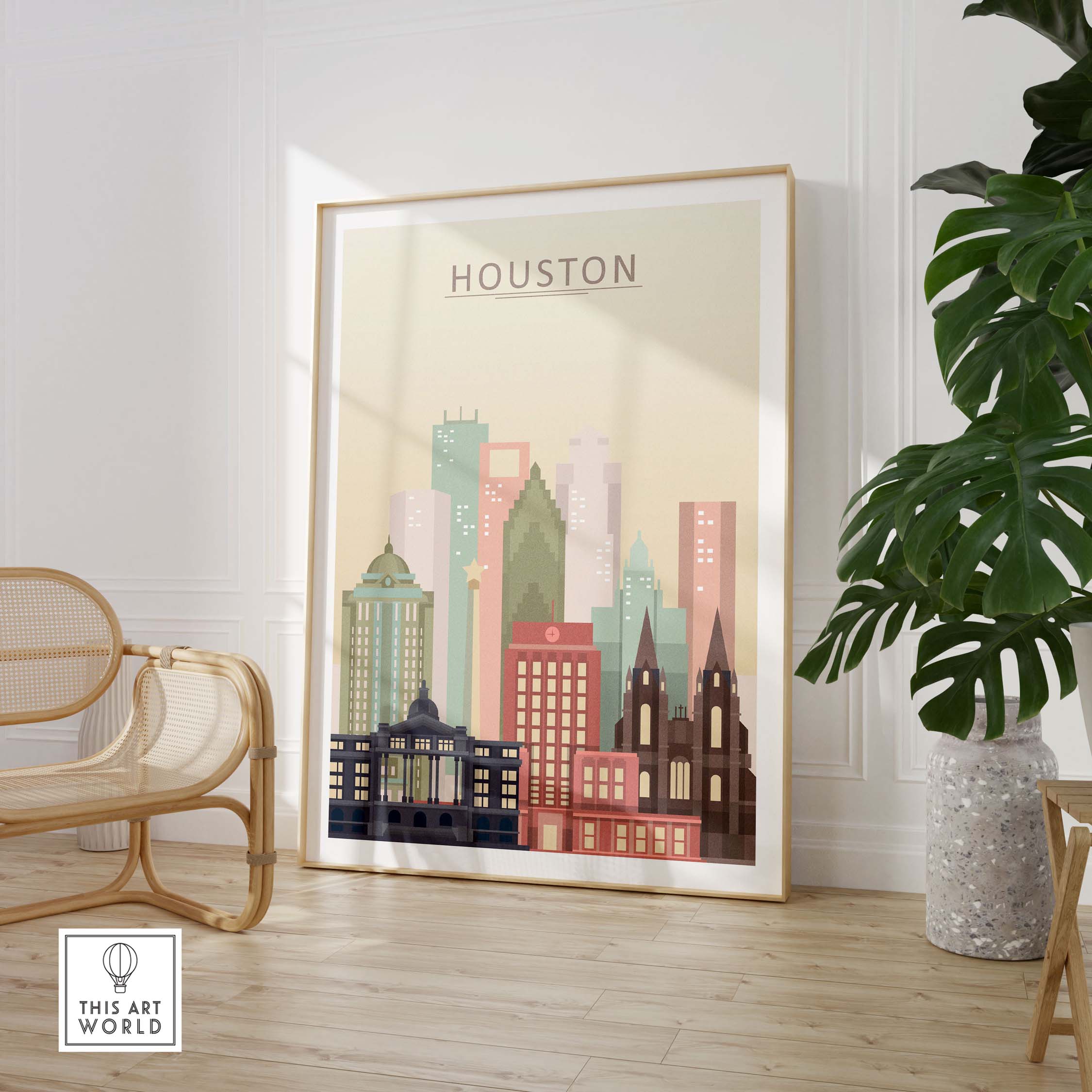 Houston Skyline Print featuring iconic buildings in warm pastel tones, ideal for stylish wall art decor.