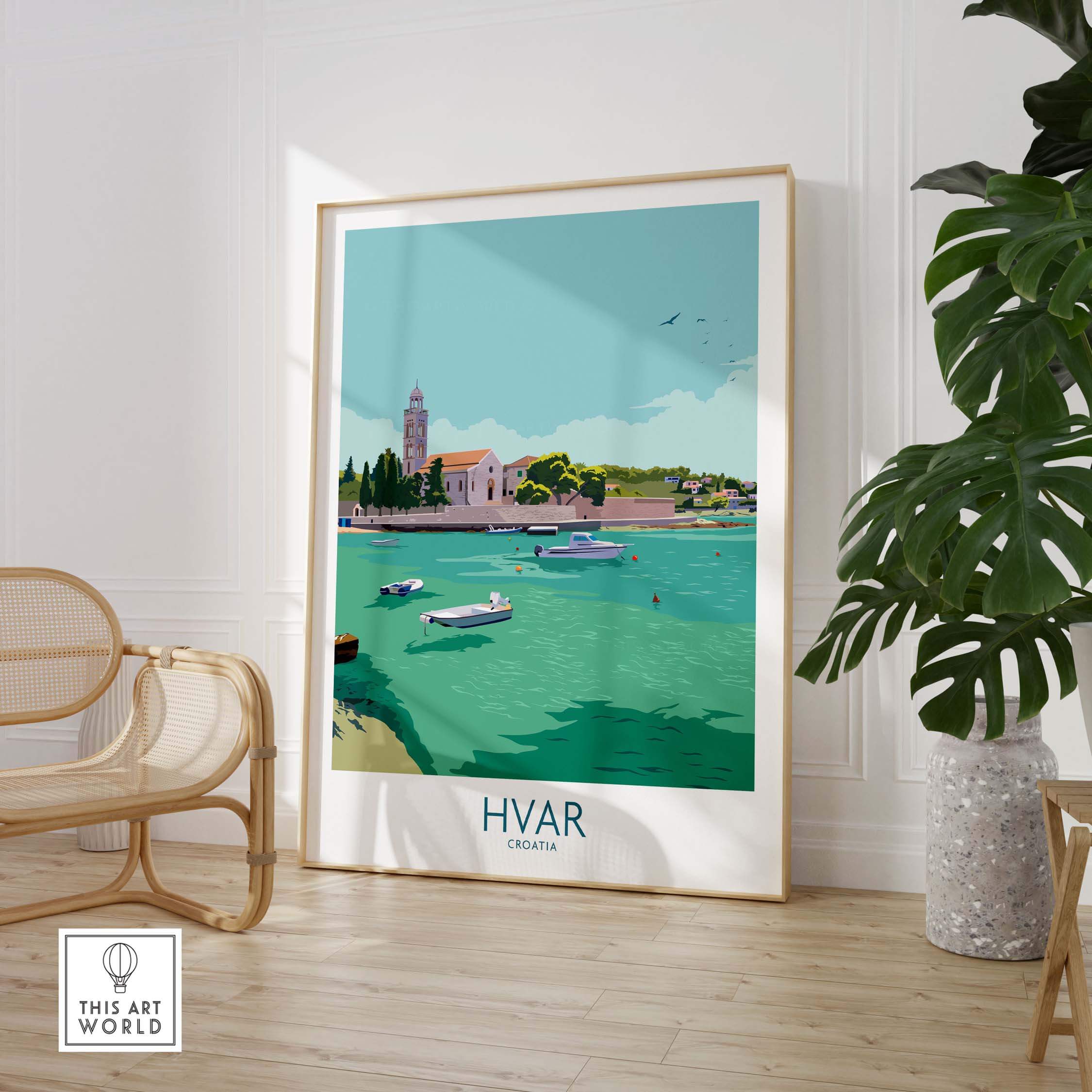 Hvar Print Croatia Travel Poster showcasing a scenic view of Hvar with boats and vibrant colors, perfect for wall art.