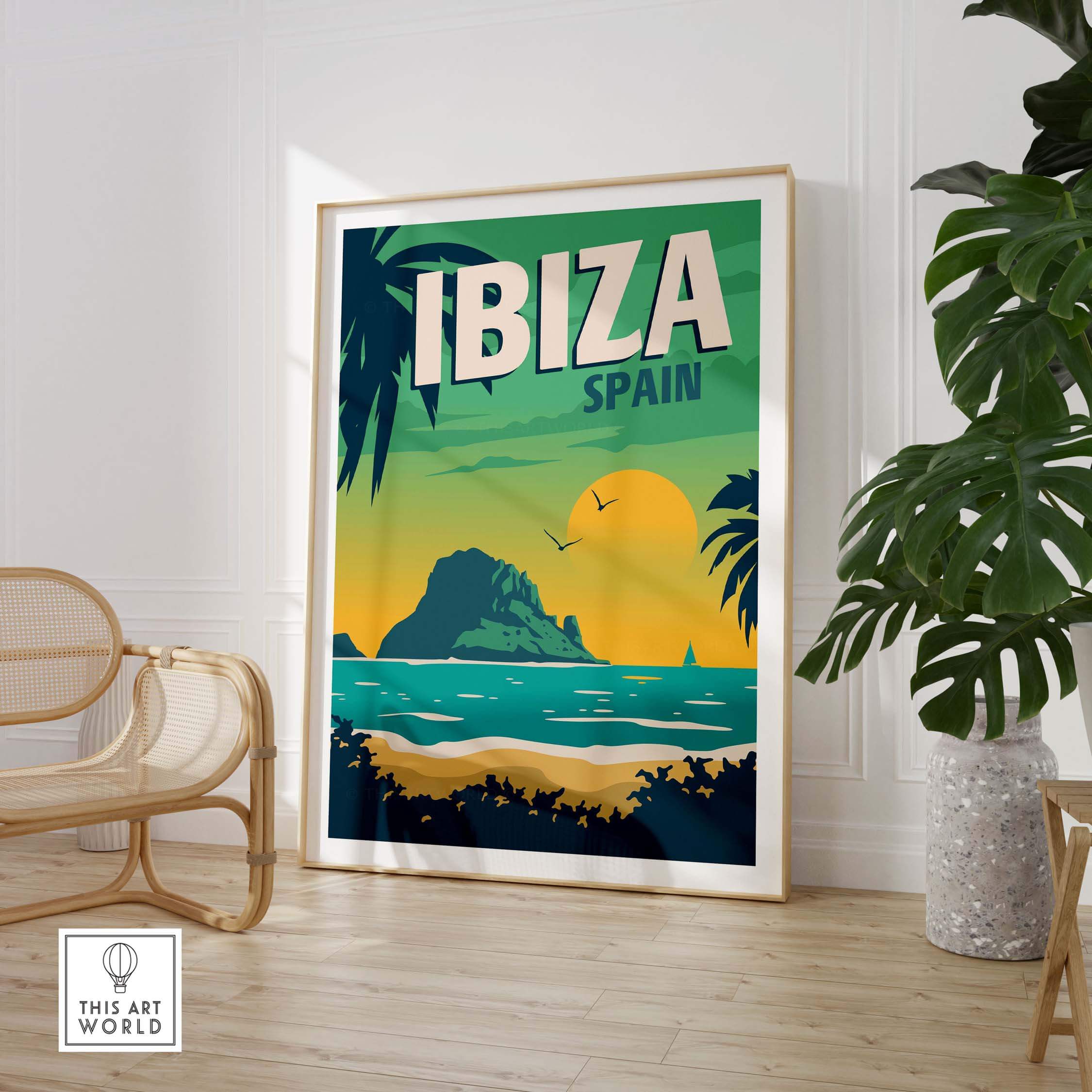 Ibiza Poster Wall Art Print featuring a vintage-style design inspired by Ibiza's beautiful landscape.