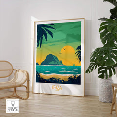 Ibiza Print Travel Poster featuring vibrant beach scene, palm trees, and sunset, perfect for home or office decor.