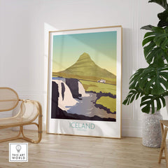 Iceland Print Travel Poster with a scenic landscape featuring waterfalls and mountains, ideal for home decor.