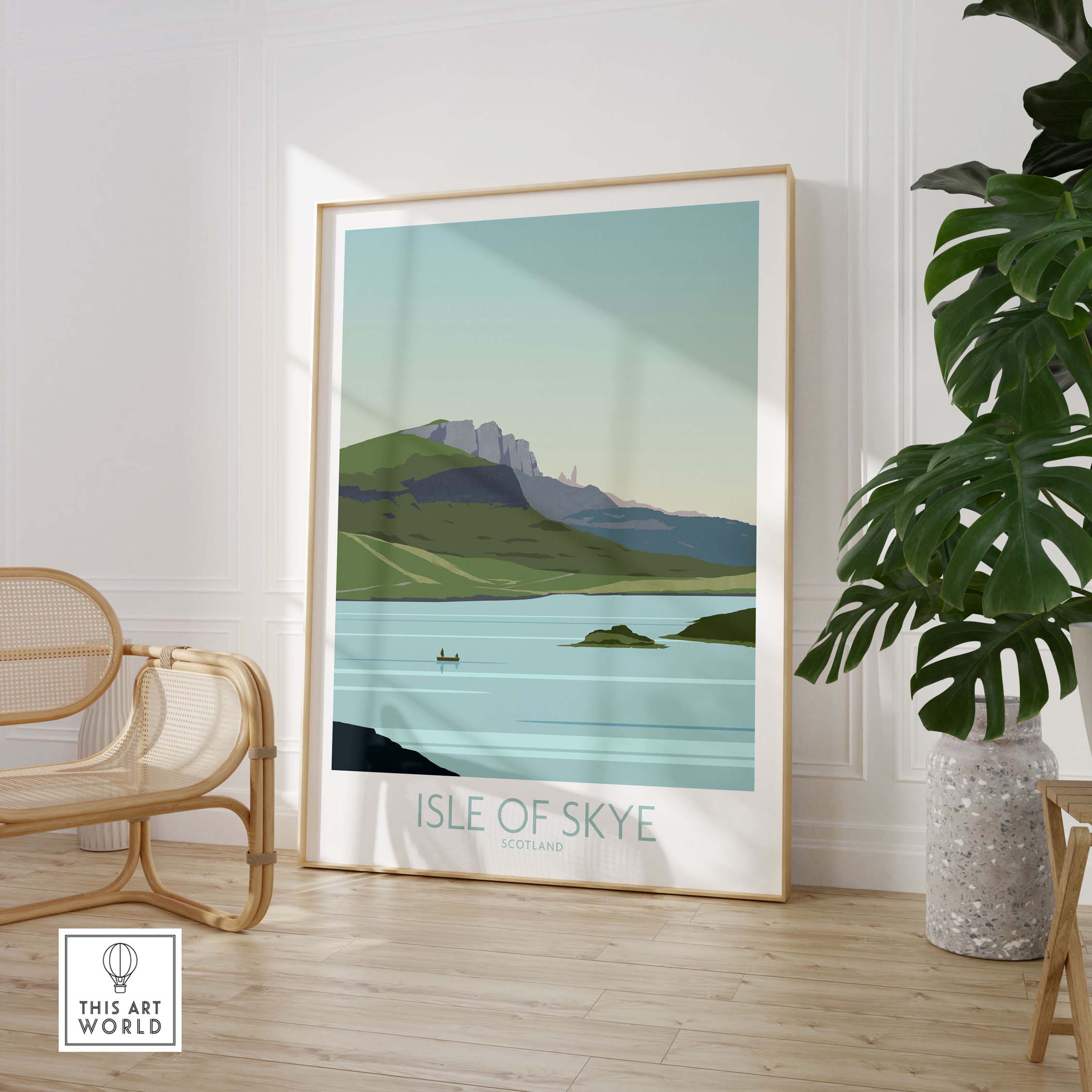 Framed Isle of Skye poster print featuring scenic landscapes of Scotland in a modern interior setting.