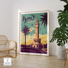 Izmir Print Turkey Travel Poster framed in modern decor, showcasing a vintage inspired design with palm trees and clock tower.